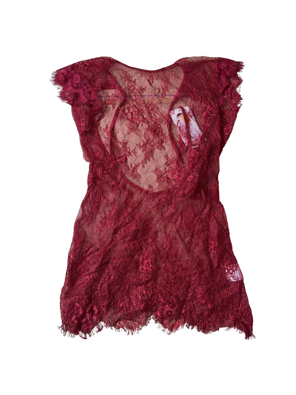 Shirley Chemise Womens S Red Lace Sheer Short Sleeve Scalloped Hem Sexy